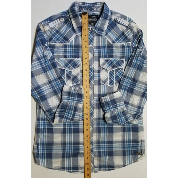 Buckle Black Long Sleeve Pyramid Snap Blue Plaid Slim Fit Shirt Men's Size Small - Picture 2 of 13